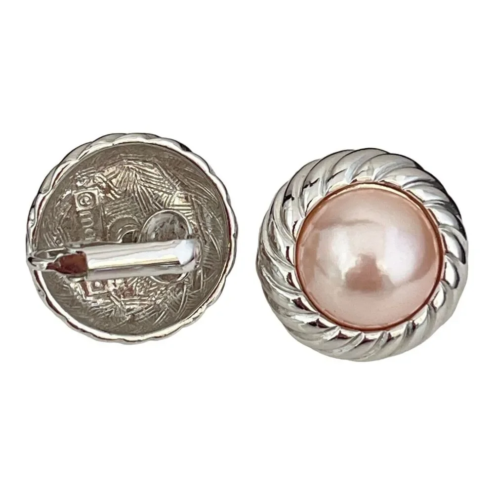 Vintage 1980s Marvella Clip Earrings Silver Tone Pink Pearl - 1E